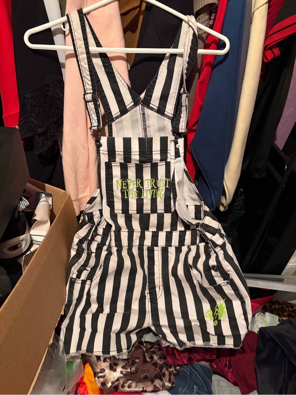 Black & White Striped beetlejuice Short Overalls with Neon Green Accent